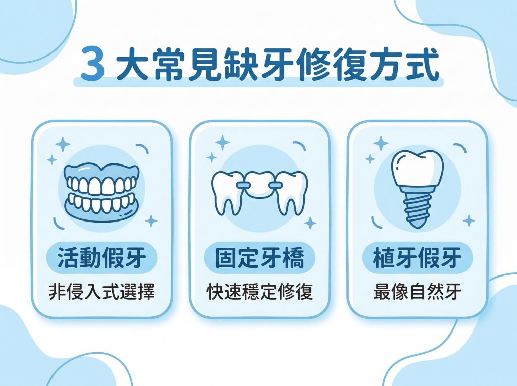 假牙種類有哪些-3-大常見缺牙修復方式